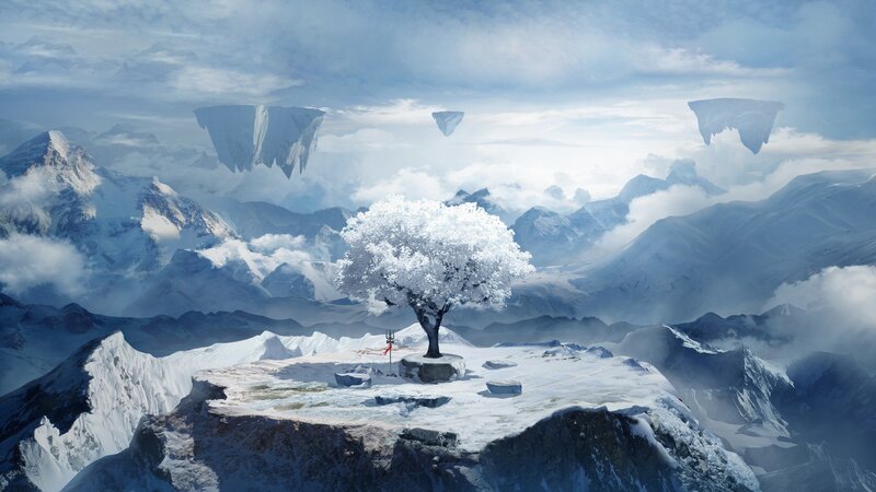 Snow-covered Tree on Cliff — White, Serene