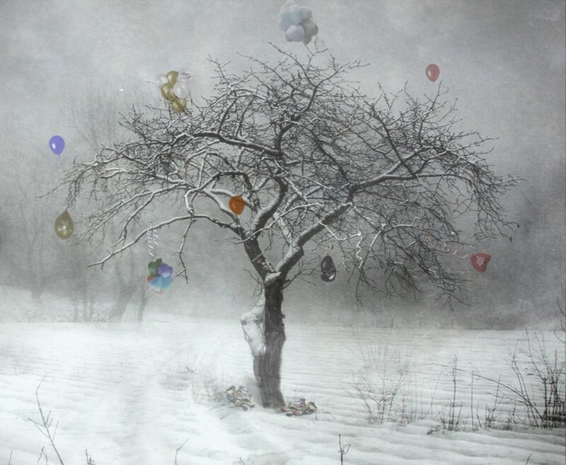 Snow-covered Tree with Balloons