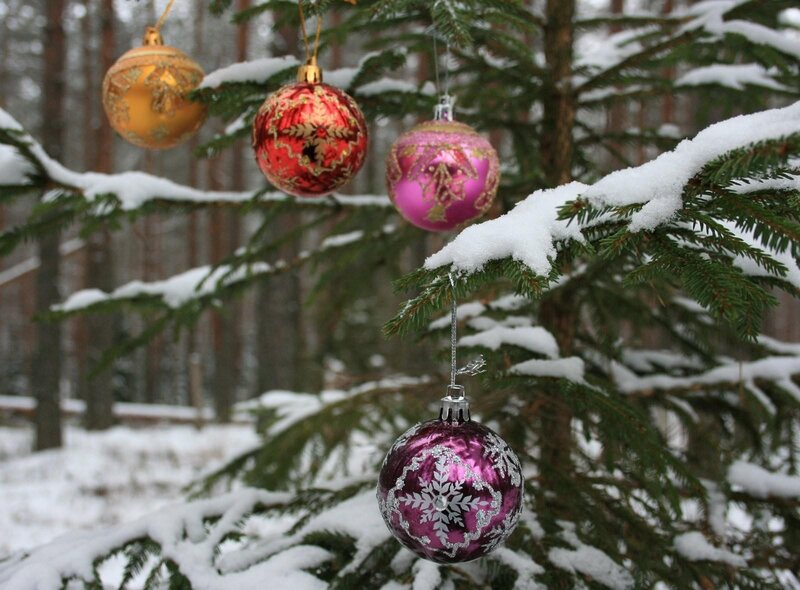 Snow-covered Tree with Ornaments — Green