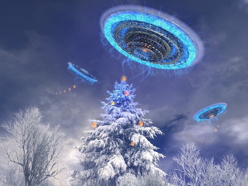 Snow-covered Tree with UFOs — Blue