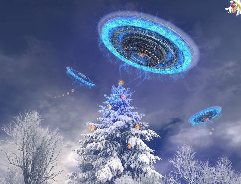 Snow-covered Tree with UFOs