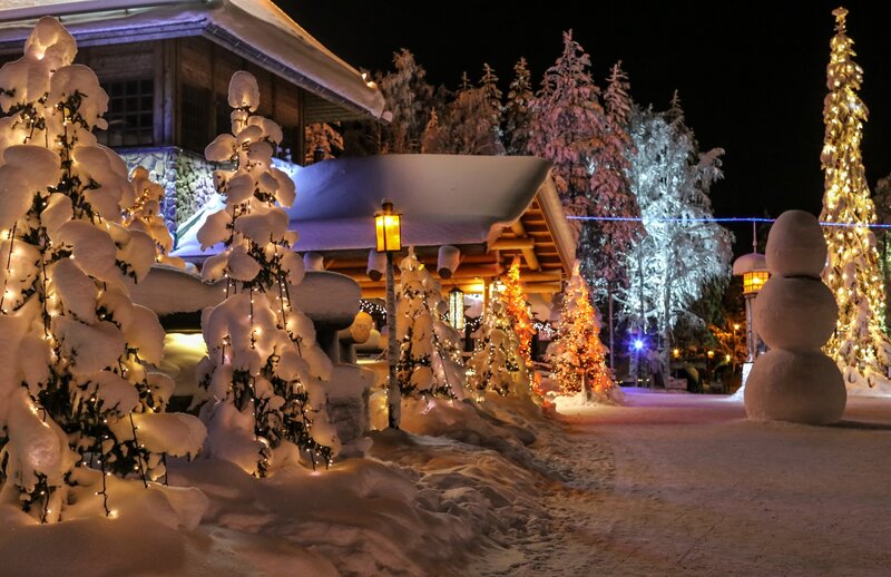 Snow-covered Trees and Cabin — White