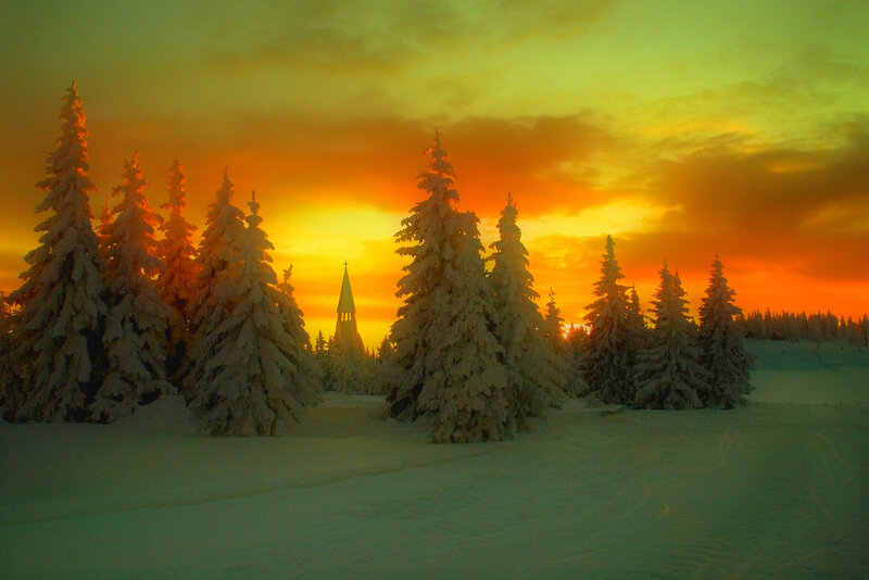 Snow-covered Trees and Church — Orange