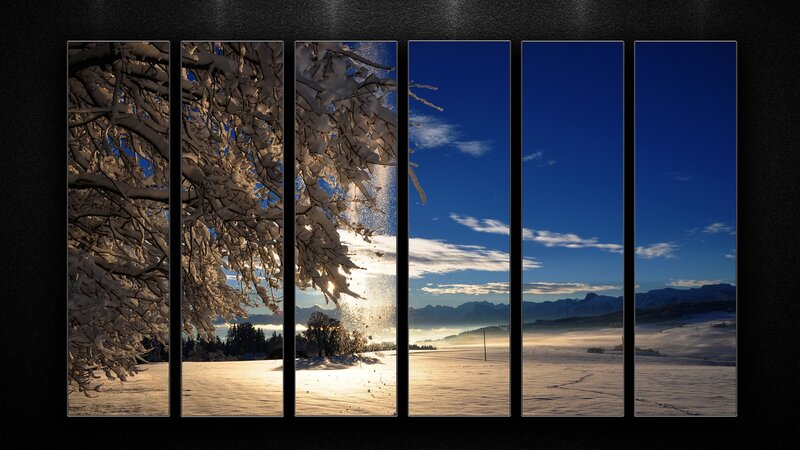 Snow-covered Trees and Mountains — Blue, Serene, Morning