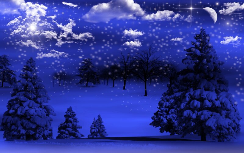 Snow-covered Trees at Night — Blue, Serene, Digital Art, Moon, Stars, Snow