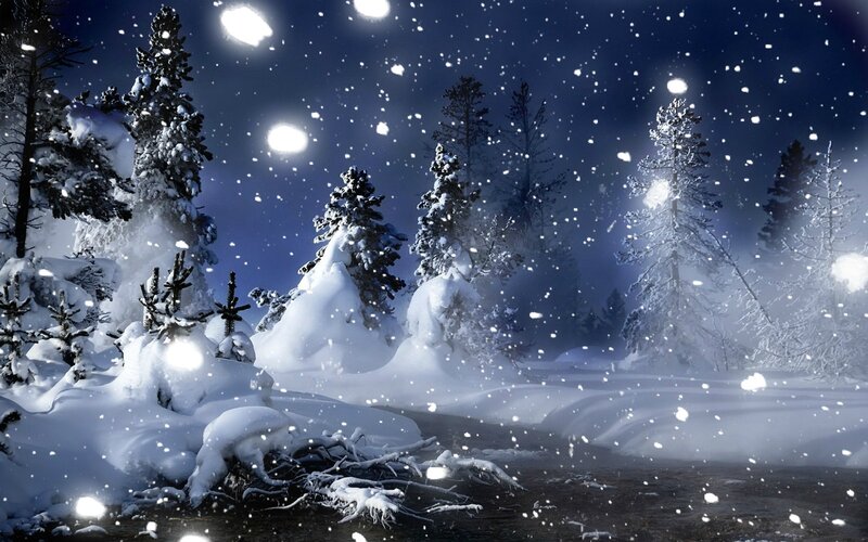 Snow-covered Trees at Night — Blue, Serene, Digital Art, Snow, Night Sky, Stars