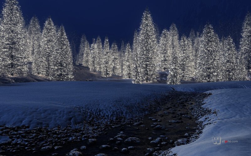 Snow-covered Trees at Night — Blue, Serene, Digital Art, Snow, Riverbed