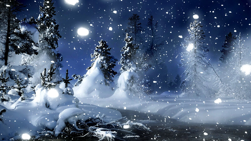 Snow-covered Trees at Night — Blue, Serene, Digital Art, Snow