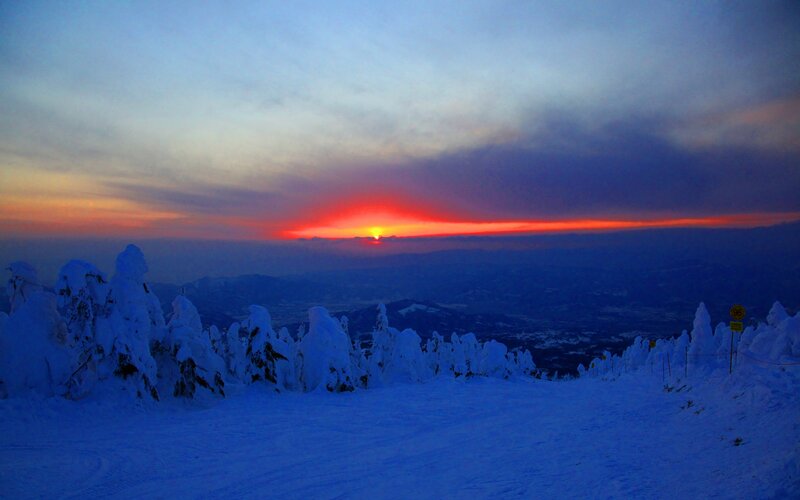 Snow-covered Trees at Sunset — Blue, Dramatic, Photograph, Mountains, Snow