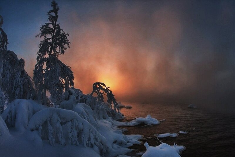 Snow-covered Trees at Sunset — Blue, Dramatic, Photograph, Water