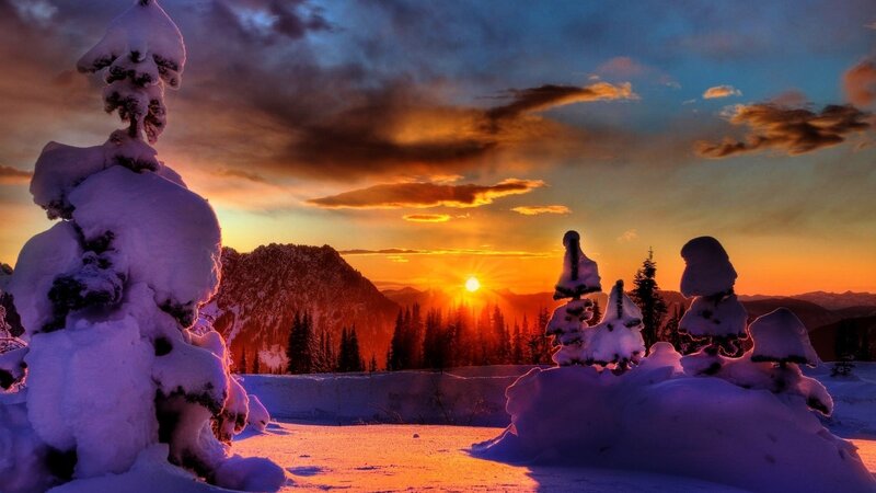Snow-covered Trees at Sunset — Orange, Dramatic, Photograph, Mountains, Sun, Clouds, Purple