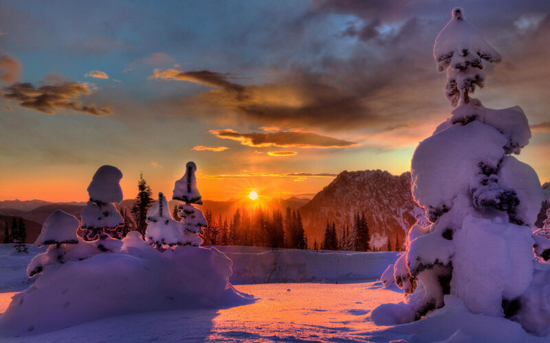 Snow-covered Trees at Sunset — Orange, Dramatic, Photograph, Mountains, Sun, Clouds