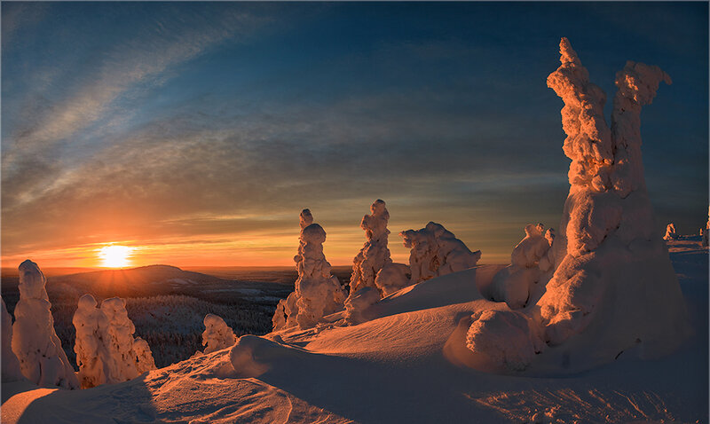 Snow-covered Trees at Sunset — Orange, Dramatic, Photograph, Snow, Mountain