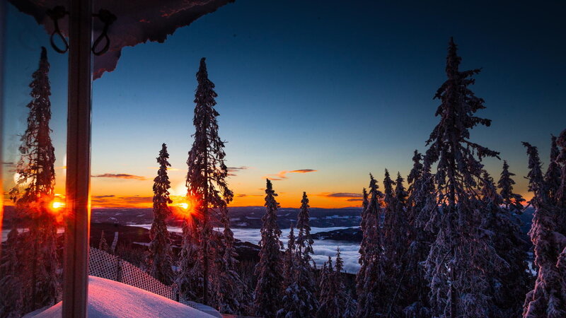 Snow-covered Trees at Sunset — Orange, Serene, Photograph, Clouds