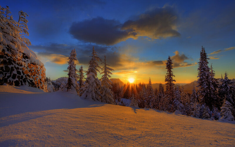 Snow-covered Trees at Sunset — Orange, Serene, Photograph, Mountains, Sky