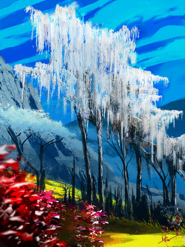 Snow-covered Trees — Blue, Dramatic, Winter, Digital Art