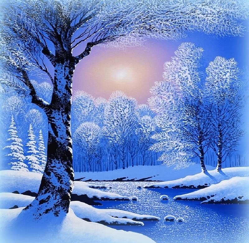 Snow-covered Trees — Blue, Serene, Winter, Painting