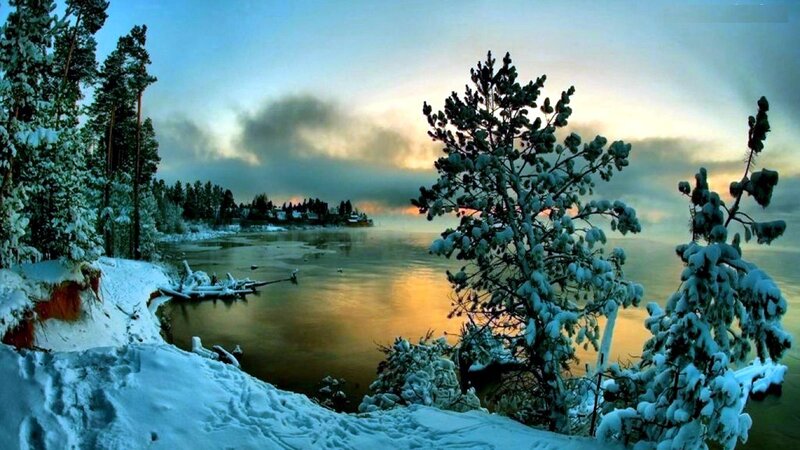 Snow-covered Trees by Lake — Blue, Serene, Sunset