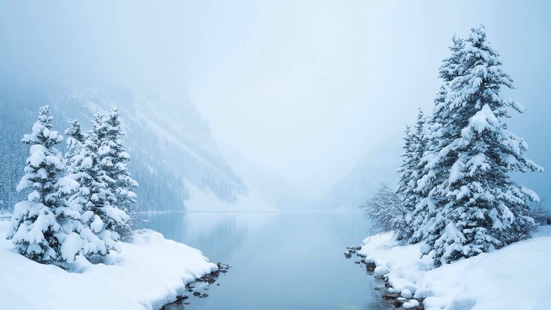Snow-covered Trees by Lake — Blue, Serene, Winter, Photograph, Mountains, Snow