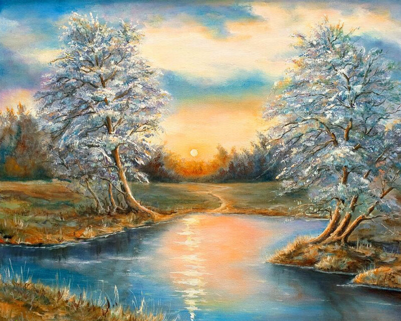 Snow-covered Trees by River — Blue, Serene, Sunset