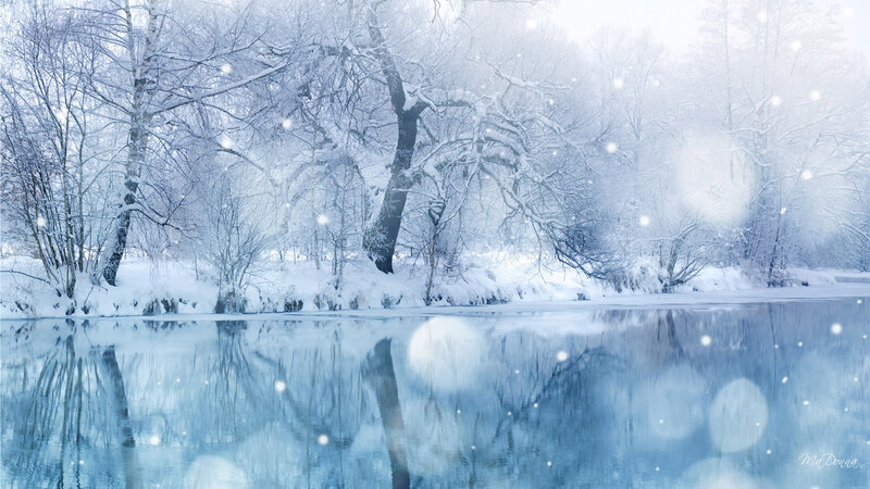 Snow-covered Trees by River — Blue, Serene, Winter, Digital Art