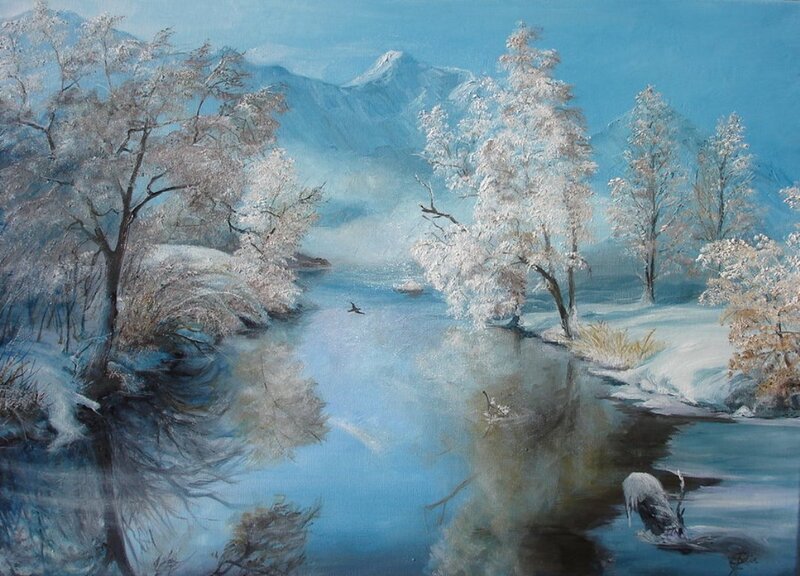 Snow-covered Trees by River — Blue, Serene, Winter, Painting