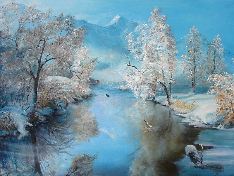 Snow-covered Trees by River — Blue, Serene, Winter