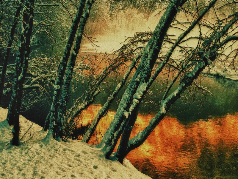 Snow-covered Trees by River — Orange