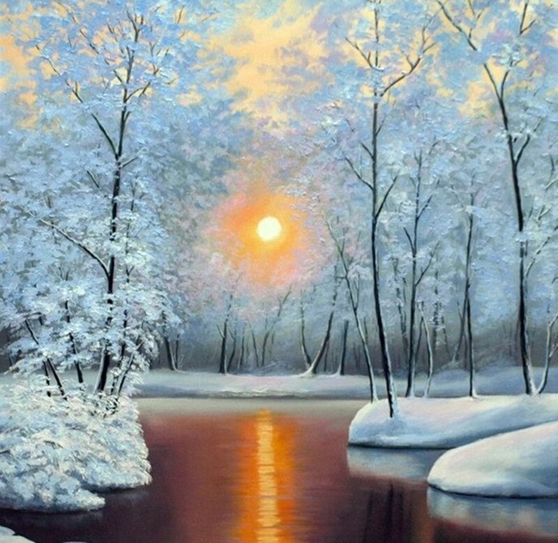 Snow-covered Trees by River — White, Serene, Sunset, Painting
