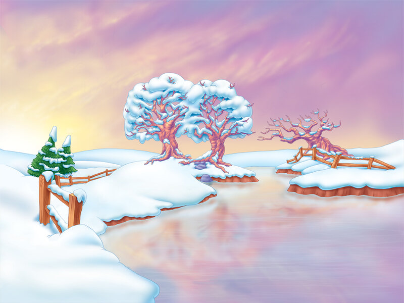 Snow-covered Trees by River — White, Serene, Winter, Illustration