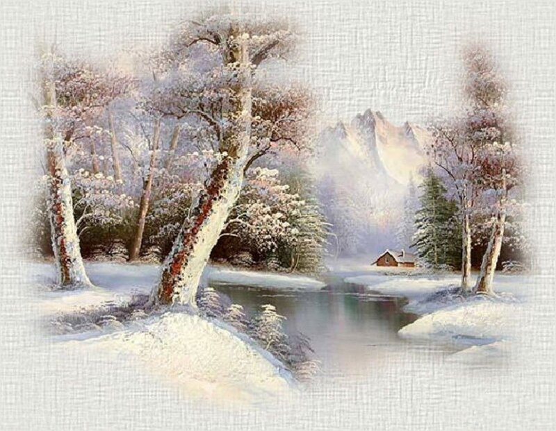 Snow-covered Trees by River — White, Serene, Winter, Painting
