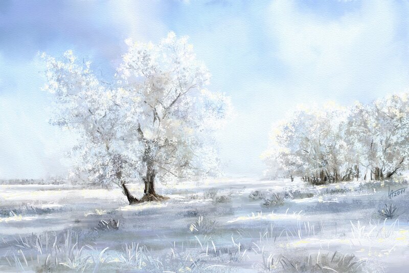 Snow-covered Trees in Field — White, Serene, Winter, Painting