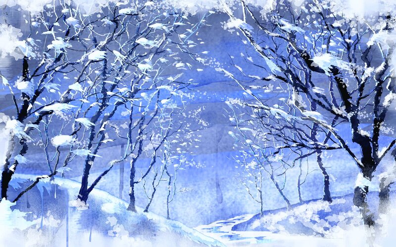 Snow-covered Trees in Forest — Blue, Serene, Winter, Digital Art