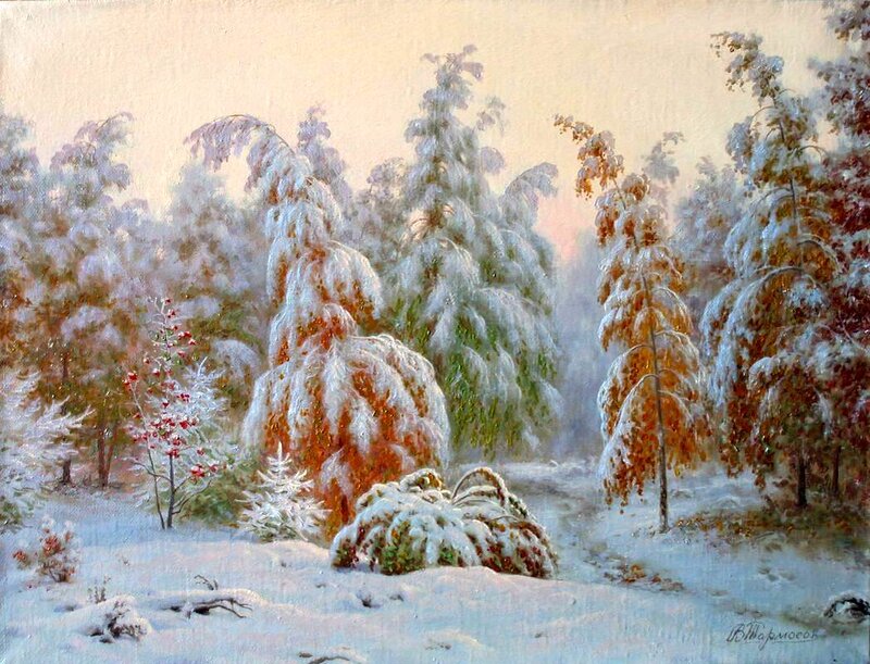 Snow-covered Trees in Forest — White, Serene, Winter, Painting