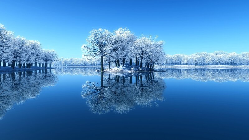 Snow-covered Trees in Lake — Blue, Serene, Winter, Digital Art