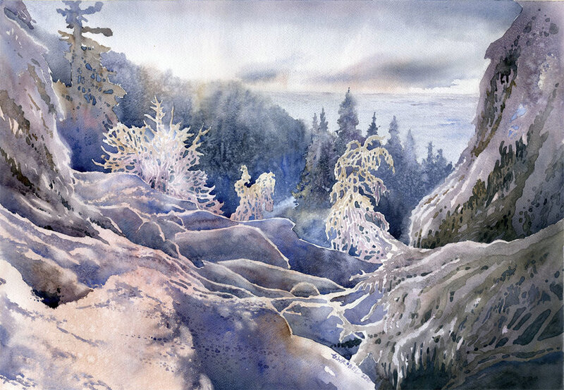 Snow-covered Trees in Valley — Blue