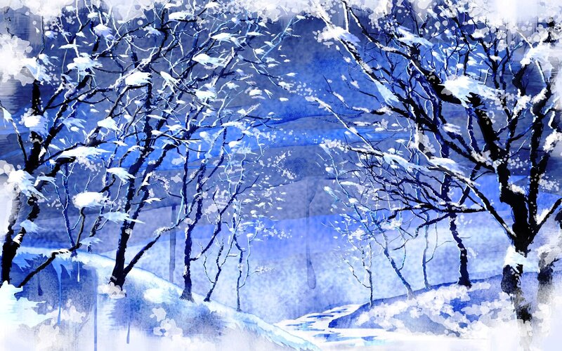 Snow-covered Trees in Winter — Blue, Serene, Digital Art, Snow