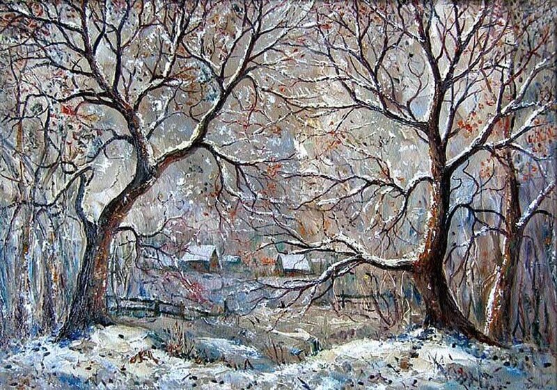 Snow-covered Trees in Winter — White, Serene, Painting