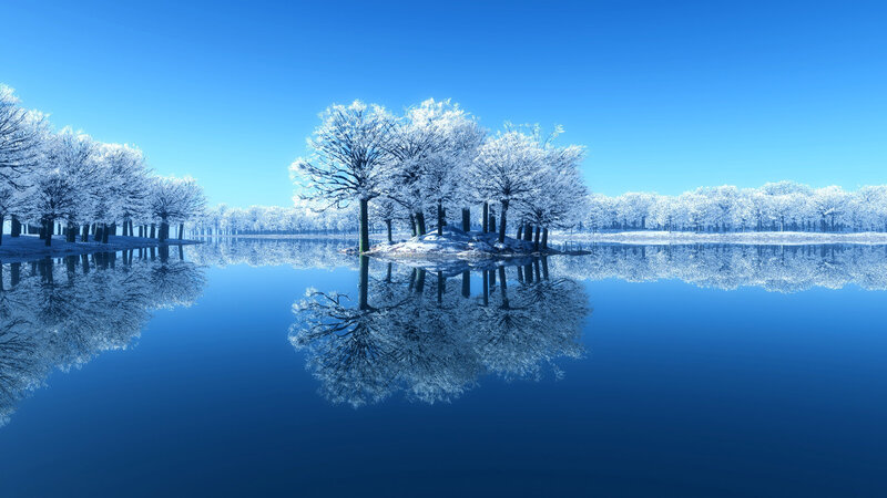 Snow-covered Trees on Island — Blue, Serene, Winter