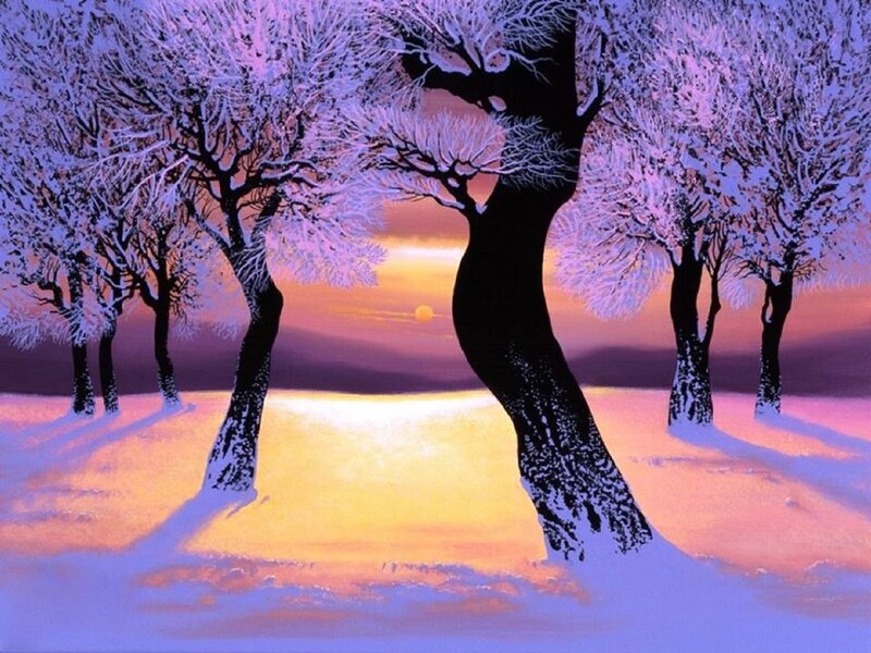 Snow-covered Trees — Purple, Serene, Winter, Painting