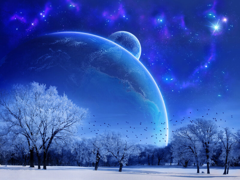 Snow-covered Trees under Alien Planet — Blue, Serene