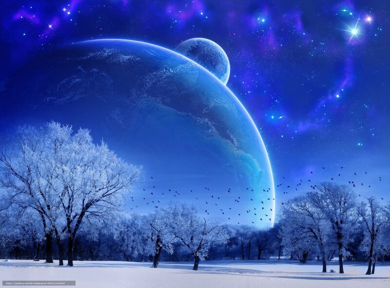 Snow-covered Trees under Planet — Blue, Serene, Night, Digital Art