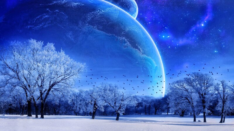 Snow-covered Trees under Planet — Blue, Serene, Night