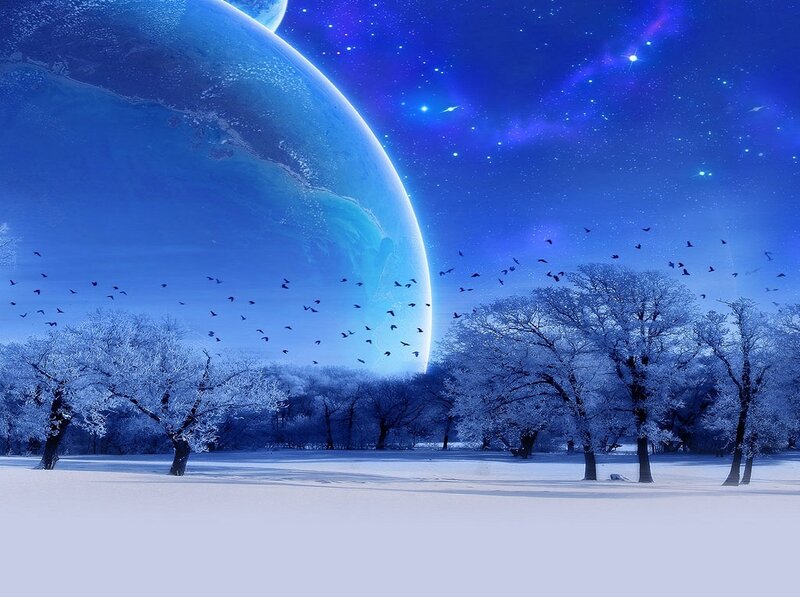 Snow-covered Trees under Planet — Blue