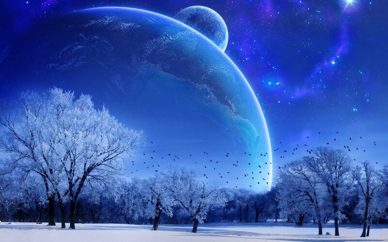 Snow-covered Trees under Planets — Blue, Serene