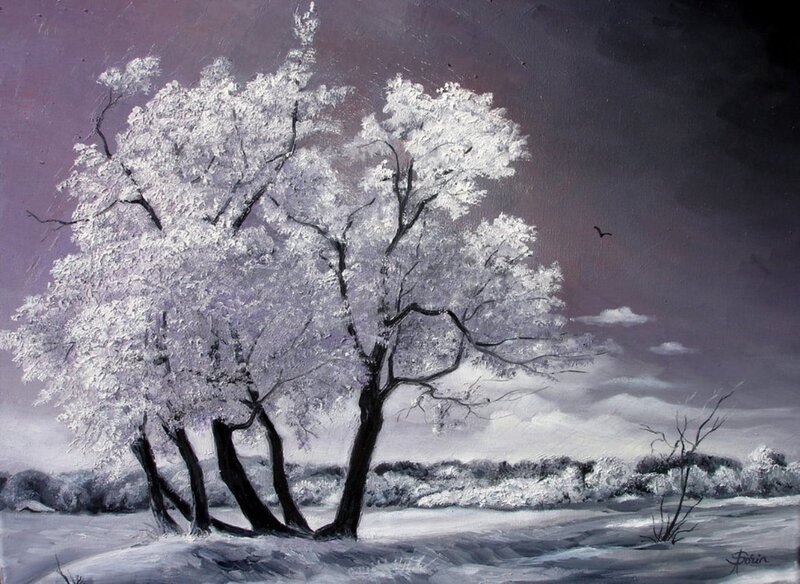Snow-covered Trees — White, Serene, Winter, Painting, Sky