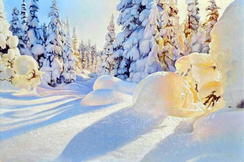 Snow-covered Trees — White, Serene, Winter, Painting, Snow, Sunlight