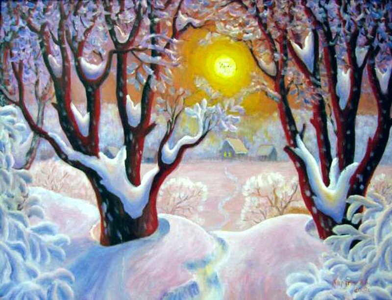Snow-covered Trees — White, Serene, Winter, Painting, Sun