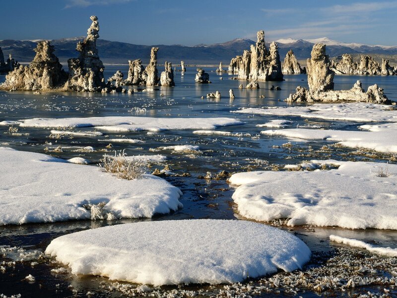 Snow-covered tufa formations at Mono Lake