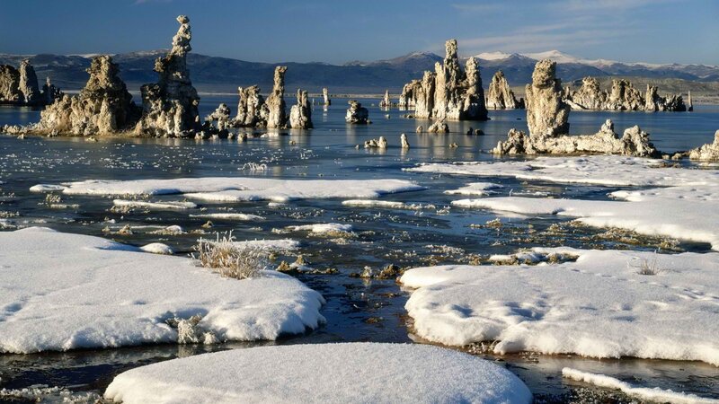 Snow-covered tufa formations at Mono Lake